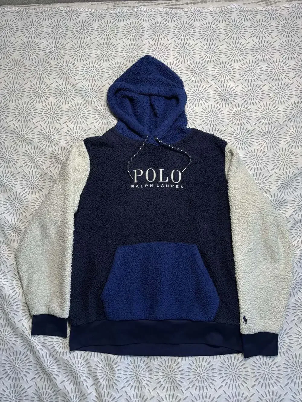 Polo Ralph Lauren Logo Pile Fleec Hoodie Navy Blue White Mens Large